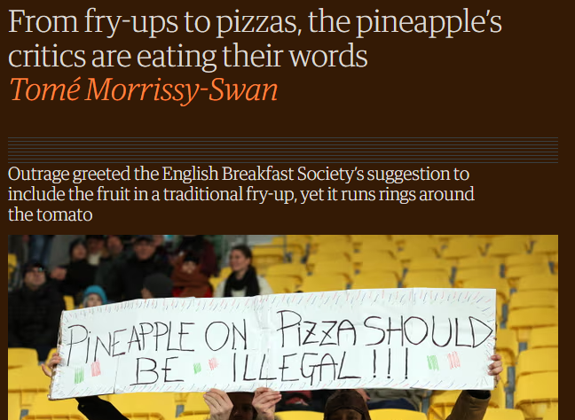A screenshot of a news article talking about pineapple on pizza critics eating their words.